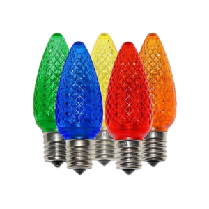 Five diamond-patterned LED Christmas light bulbs in a row