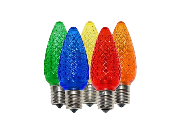 Five diamond-patterned LED Christmas light bulbs in a row