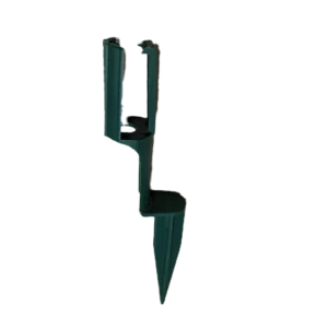 Green plastic stake with a cylindrical holder at the top and a pointed end at the bottom