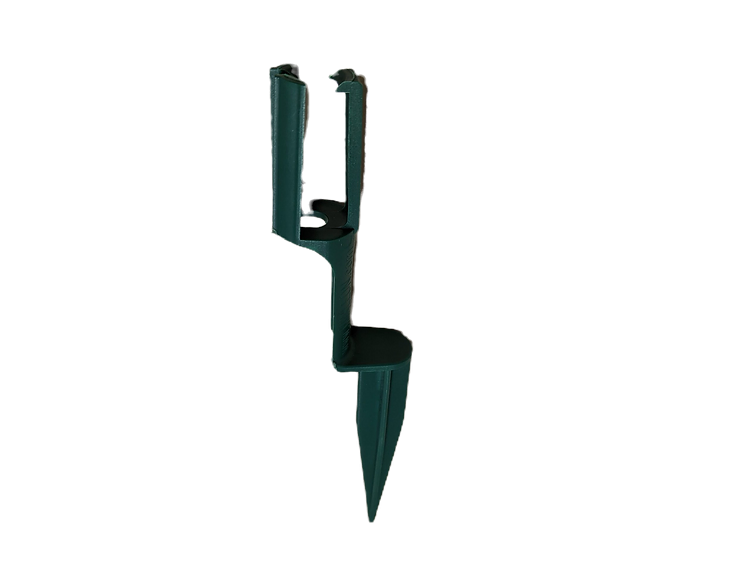 Green plastic stake with a cylindrical holder at the top and a pointed end at the bottom