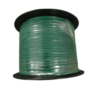 A large spool of green wire, partially wrapped in clear plastic