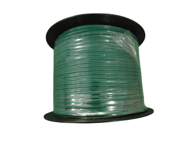 A large spool of green wire, partially wrapped in clear plastic