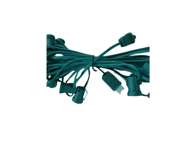 A coiled bundle of green outdoor string lights with empty plastic sockets